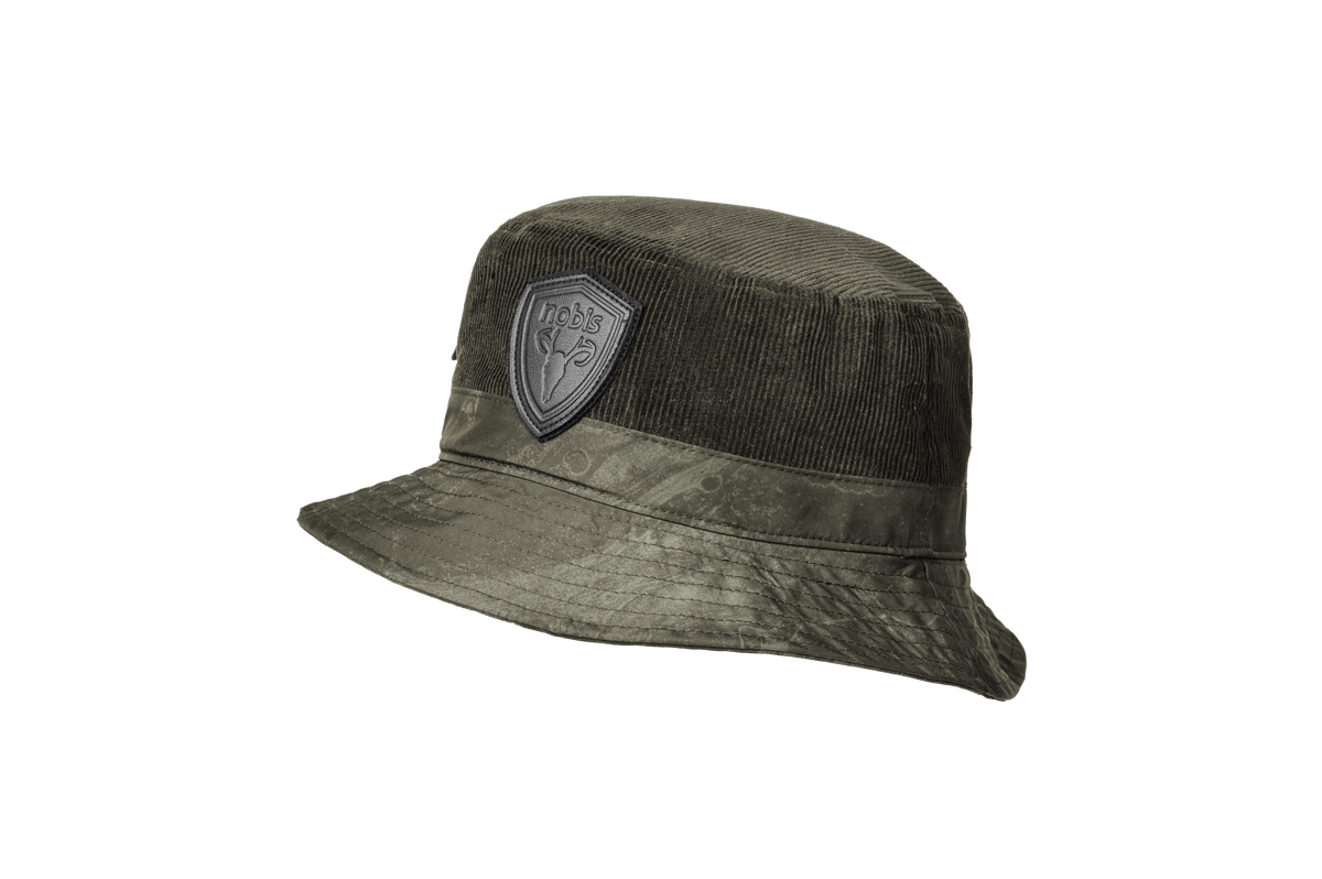 Kaia Unisex Tailored Bucket Hat in a 100% cotton corduroy and 3-ply micro denier fabrication, unstructured crown, black leather Nobis shield logo on crown front, and small flap pocket on the right side crown, in Fatigue