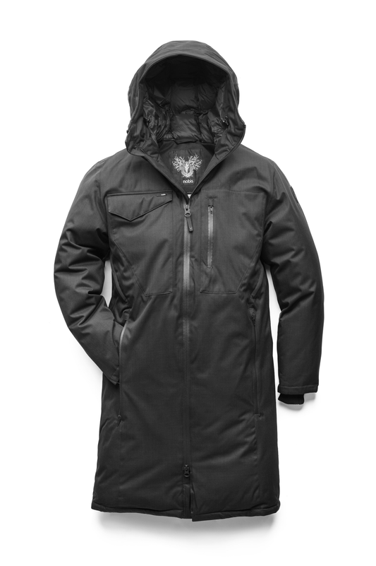 Long men's calf length parka with down fill and exposed zipper that features spacious pockets and zippered vents in Black + Black