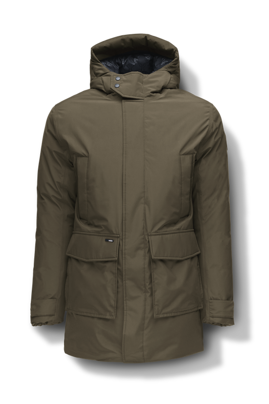 Kason Men's Light Down Parka in thigh length, premium 3-ply micro denier and stretch ripstop fabrication, Premium Canadian origin White Duck Down insulation, non-removable down-filled hood, two-way centre-front zipper, magnetic closure wind flap, fleece-lined pockets at chest and waist, flap pockets at waist, pit zipper vents, in Fatigue + Fatigue