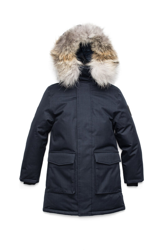Kids' thigh length down-filled parka with non-removable hood and removable coyote fur trim in Navy + Navy