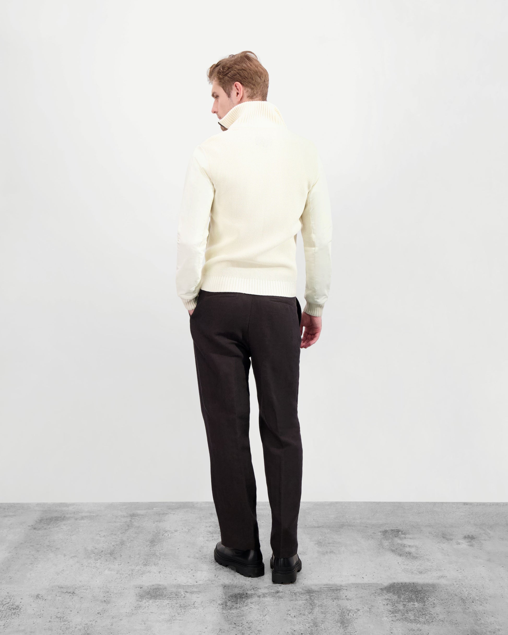 Layton Men's Tactical Hybrid Sweater in hip length, Primaloft Gold Insulation Active+, Merion wool knit collar, sleeves, back, and cuffs, two-way front zipper, and pockets at chest and waist, in Chalk