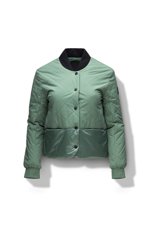 Lexi Women's Reversible Midlayer Jacket in waist length, premium stretch ripstop and contrast cire technical nylon taffeta fabrication, premium 4-way stretch, water resistant Primaloft Gold Insulation Active+, snap button closure at centre front, exterior magnetic closure pockets at sides, elasticized cuff details, and reversible from a quilted or smooth outer shell, in Comfrey + Comfrey