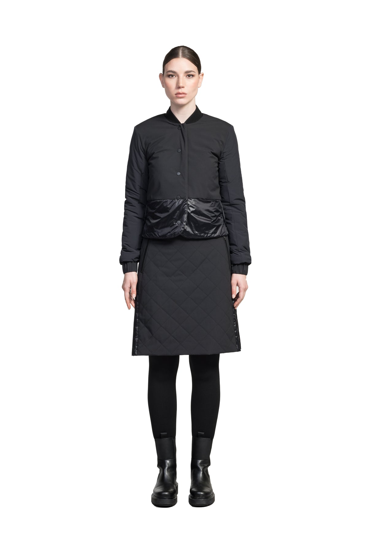 Lexi Women's Reversible Midlayer Jacket in waist length, premium stretch ripstop and contrast cire technical nylon taffeta fabrication, premium 4-way stretch, water resistant Primaloft Gold Insulation Active+, snap button closure at centre front, exterior magnetic closure pockets at sides, elasticized cuff details, and reversible from a quilted or smooth outer shell, in Black