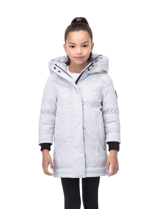 Kid's knee length down coat with fur free hood in Light Grey + Light Grey