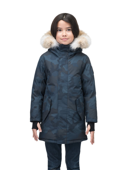 Kids' thigh length down-filled parka with non-removable hood and removable coyote fur trim in Navy Camo + Navy Camo