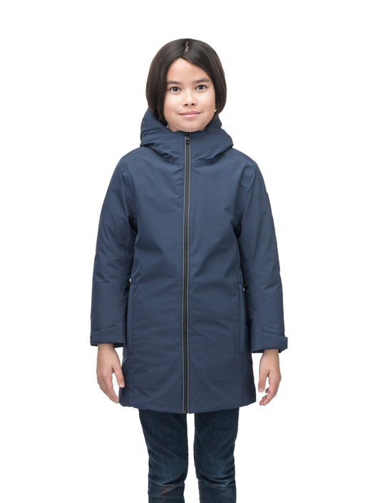 Little Comet Kids Parka in thigh length, Canadian duck down insulation, non-removable hood, two-way front zipper, packable body, in Marine + Marine