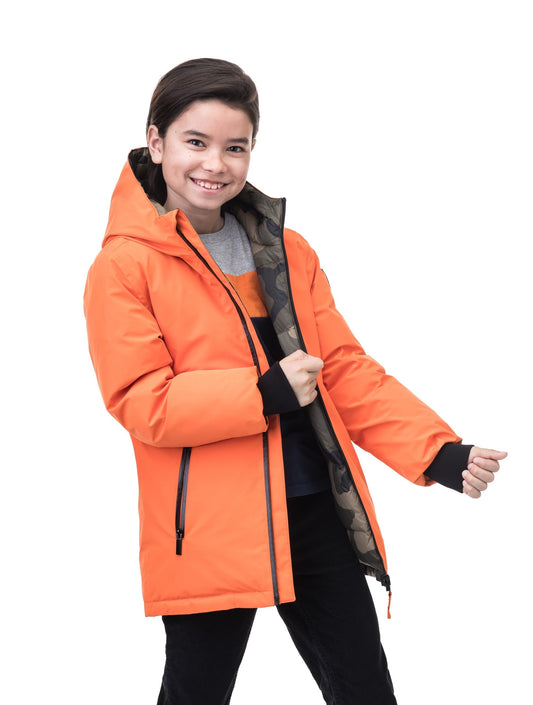 Kids' reversible knee length, down filled parka with waterproof finish in Atomic/Camo + Atomic