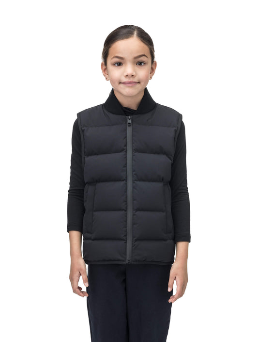 Little Pluto Kids Mid Layer Vest in hip length, Canadian duck down insulation, ribbed collar, two-way front zipper, and quilted body, in Black + Black