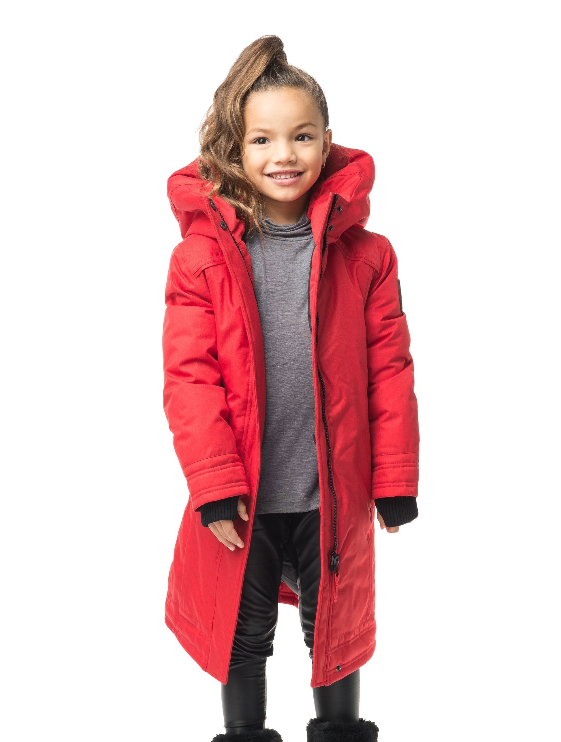 Kid's knee length down coat with fur free hood in Red