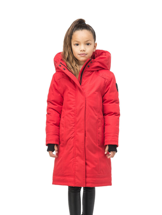 Kid's knee length down coat with fur free hood in Red + Red