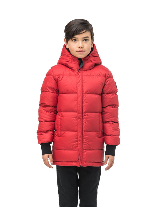 Kids' reversible knee length, down filled parka with waterproof finish in Navy Camo/Vermillion + Navy Camo/Vermillion