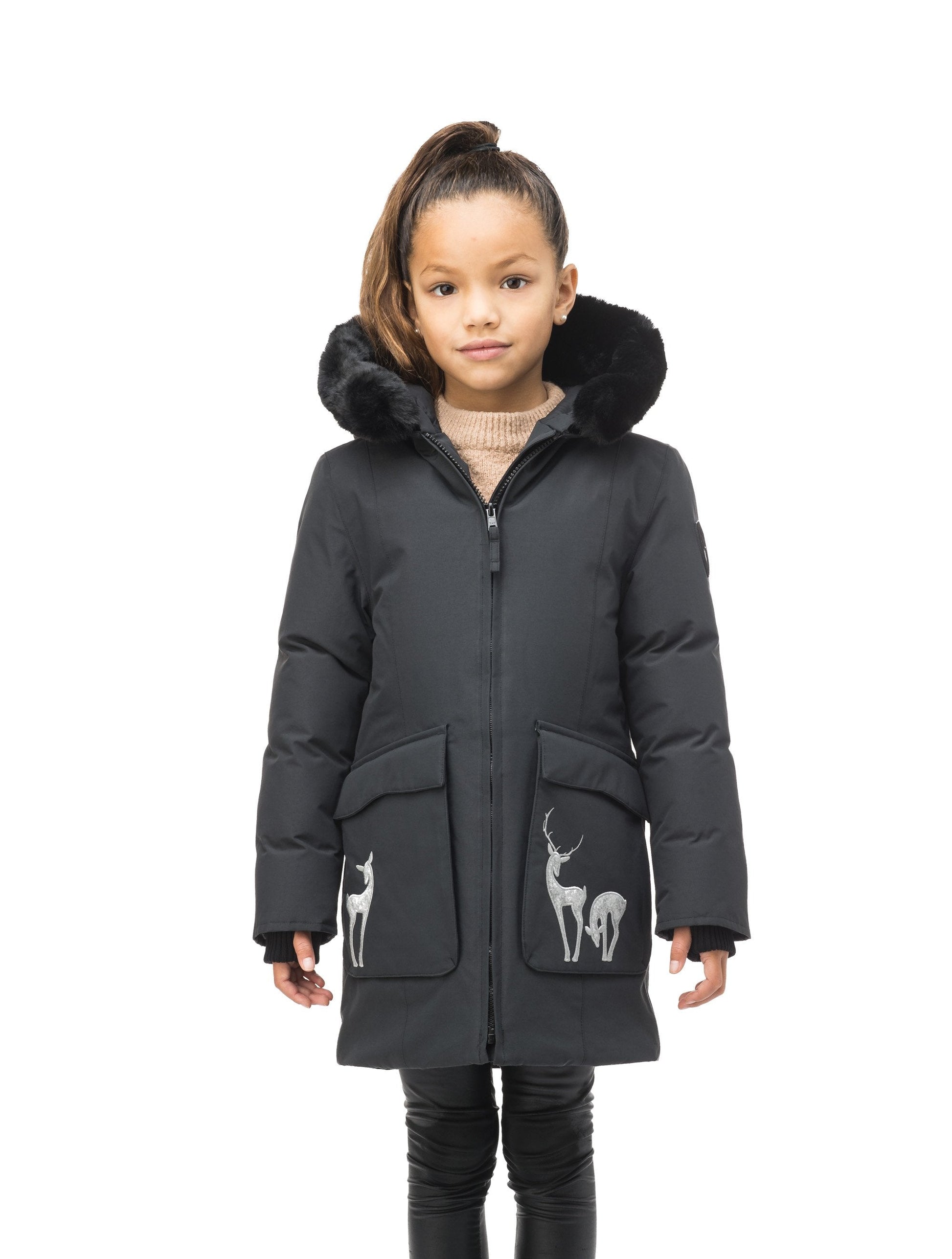 Kid's knee length down filled parka with deer applique detailing on the front patch pockets in Cy Black