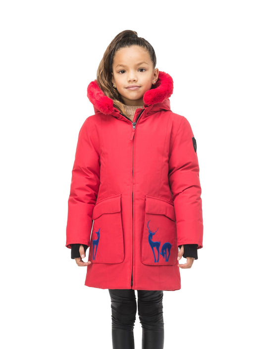 Kid's knee length down filled parka with deer applique detailing on the front patch pockets in Cy Red + Cy Red