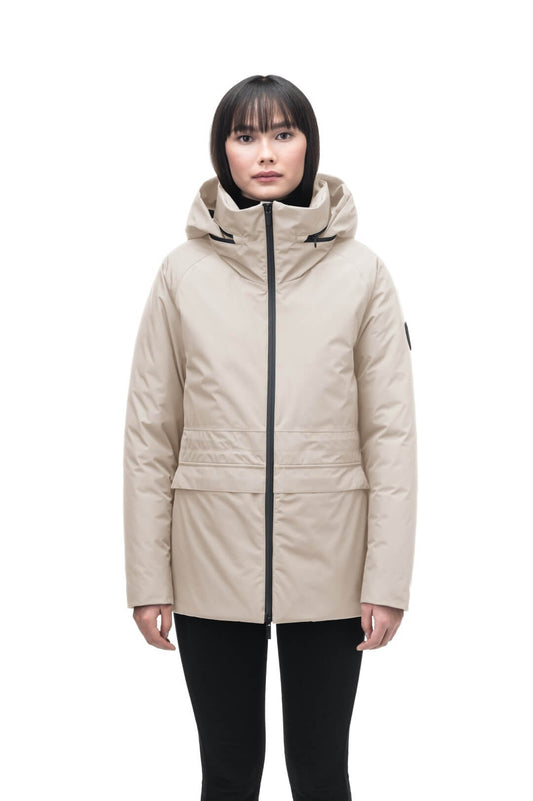 Litho Ladies Short Parka in hip length, Canadian duck down insulation, tuckable waterproof hood, and two-way zipper, in Clay + Clay
