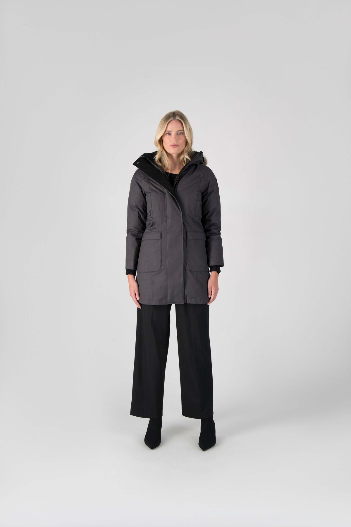 Best selling women's down filled knee length parka with removable down filled hood in Steel Grey
