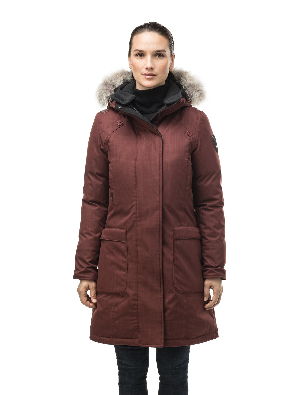 Best selling women's down filled knee length parka with removable down filled hood in Rum