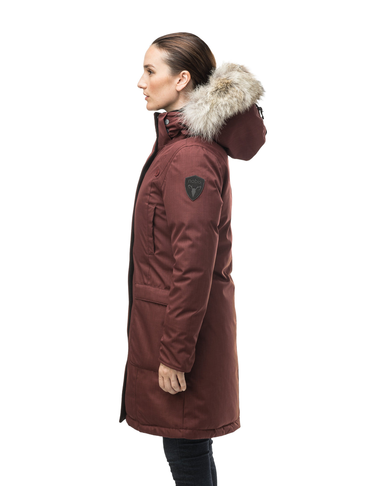 Best selling women's down filled knee length parka with removable down filled hood in Rum