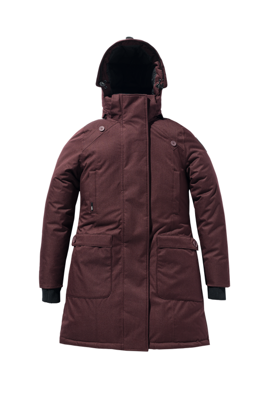 Merideth Furless Ladies Parka in thigh length, Canadian white duck down insulation, removable down-filled hood, centre-front two-way zipper with magnetic wind flap closure, four exterior pockets, and elastic ribbed cuffs, in Merlot + Merlot