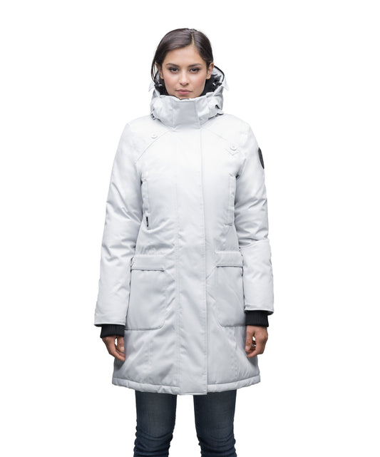 Merideth Furless Ladies Parka in thigh length, Canadian white duck down insulation, removable down-filled hood, centre-front two-way zipper with magnetic wind flap closure, four exterior pockets, and elastic ribbed cuffs, in Light Grey + Light Grey / XXS