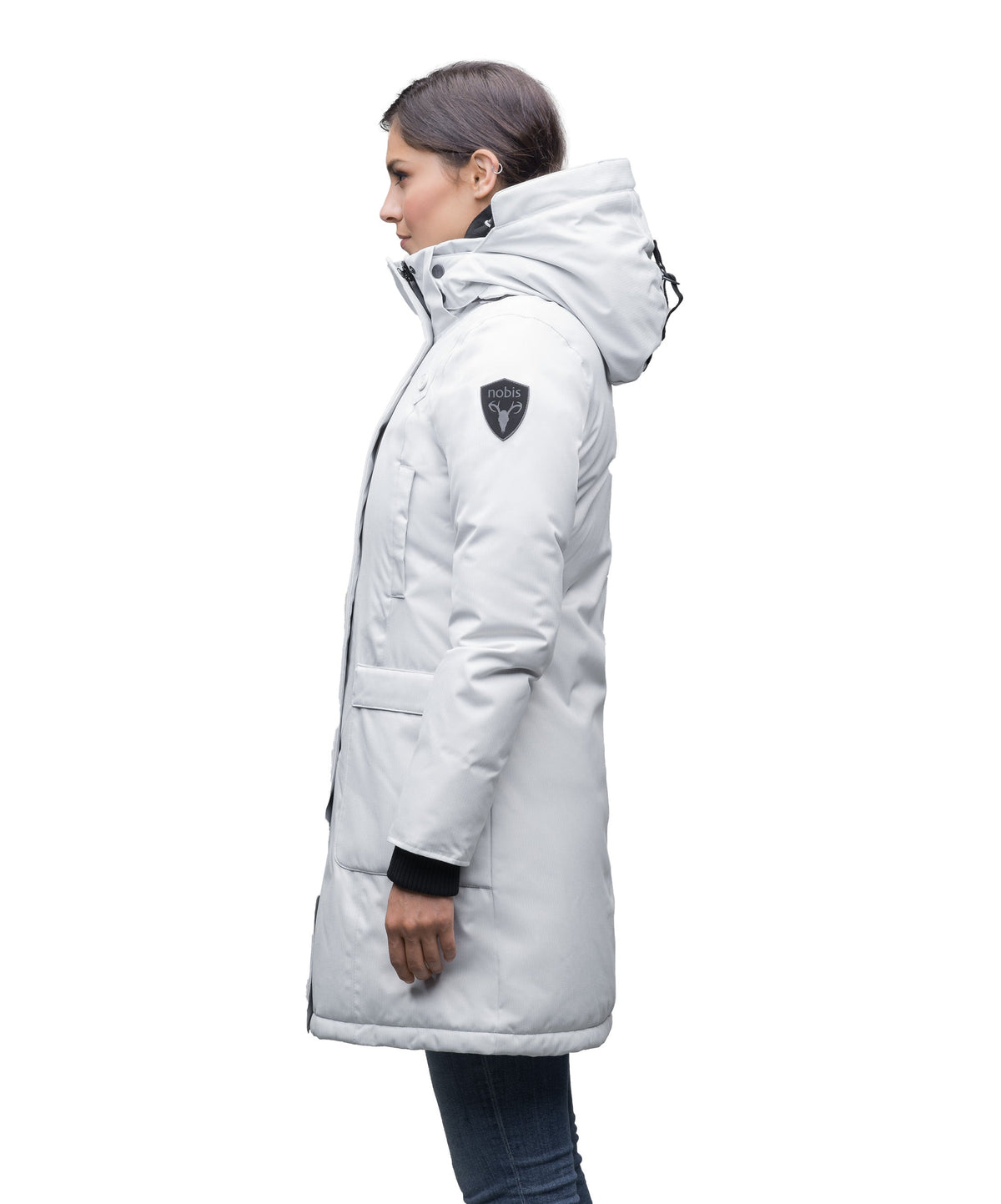 Best selling women's down filled knee length parka with removable down filled hood in Light Grey