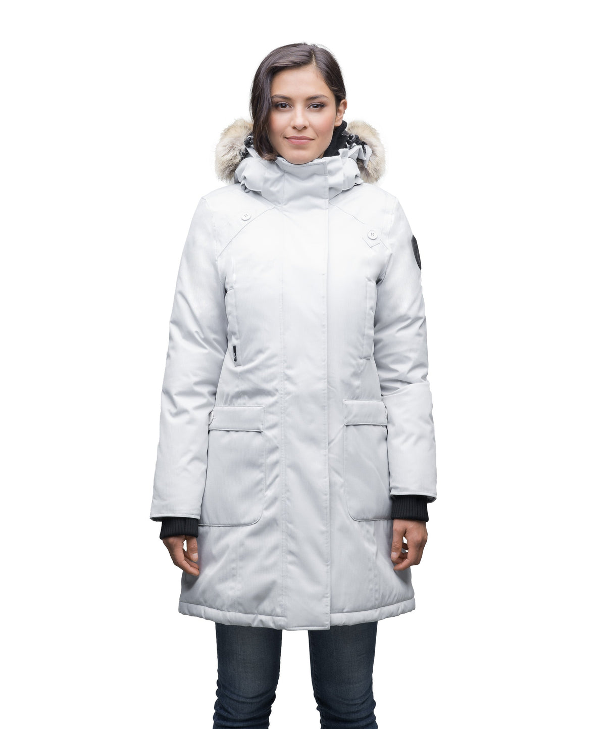 Best selling women's down filled knee length parka with removable down filled hood in Light Grey