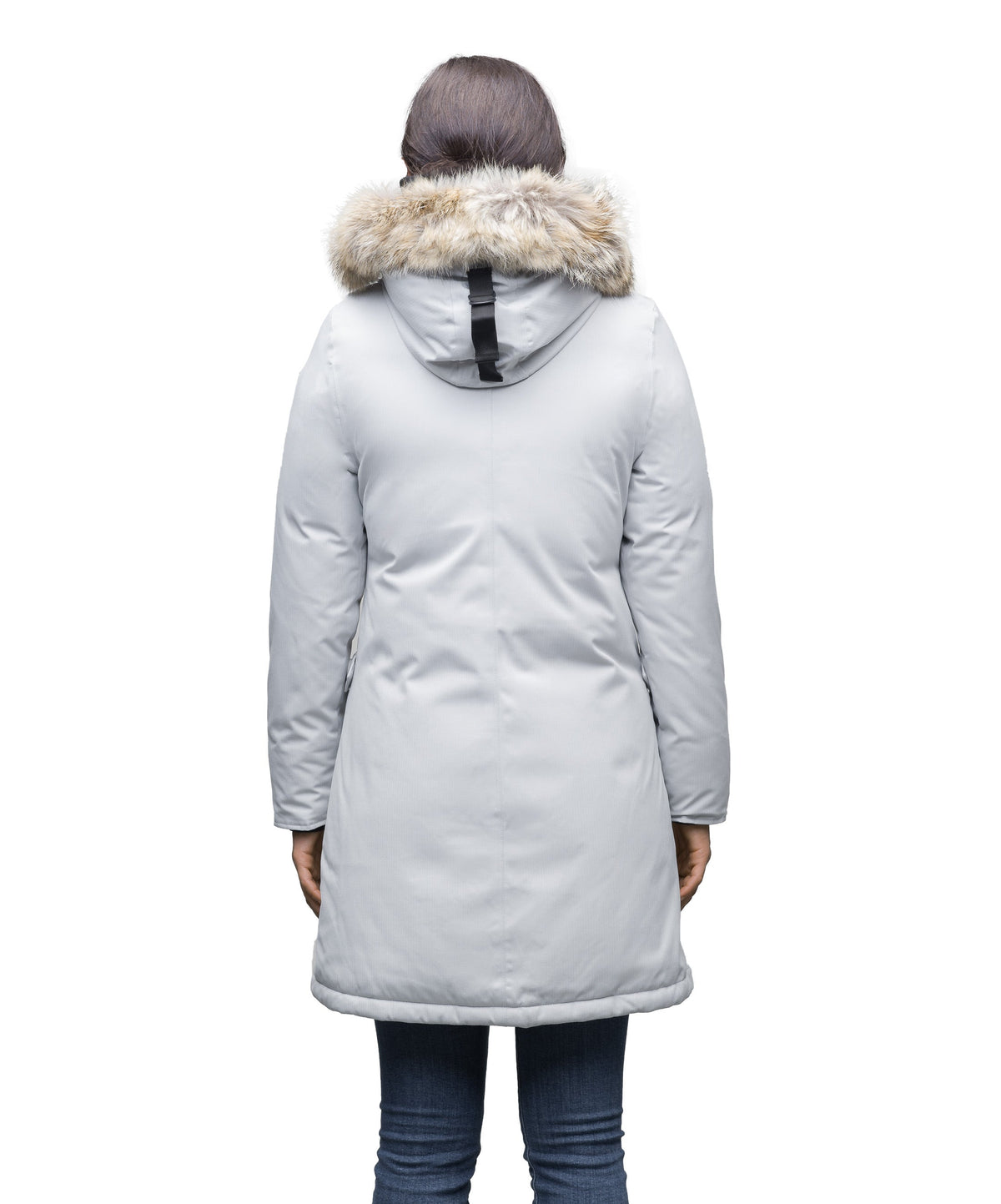 Best selling women's down filled knee length parka with removable down filled hood in Light Grey