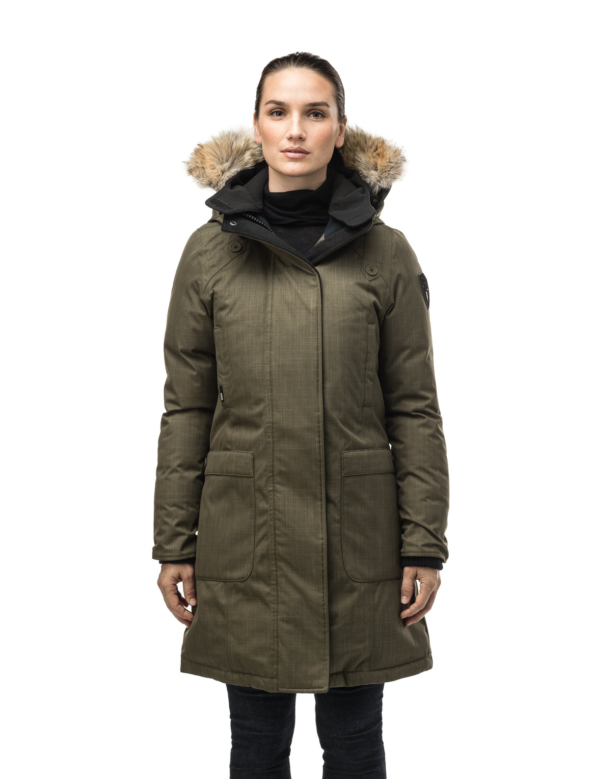 Best selling women's down filled knee length parka with removable down filled hood in Army Green