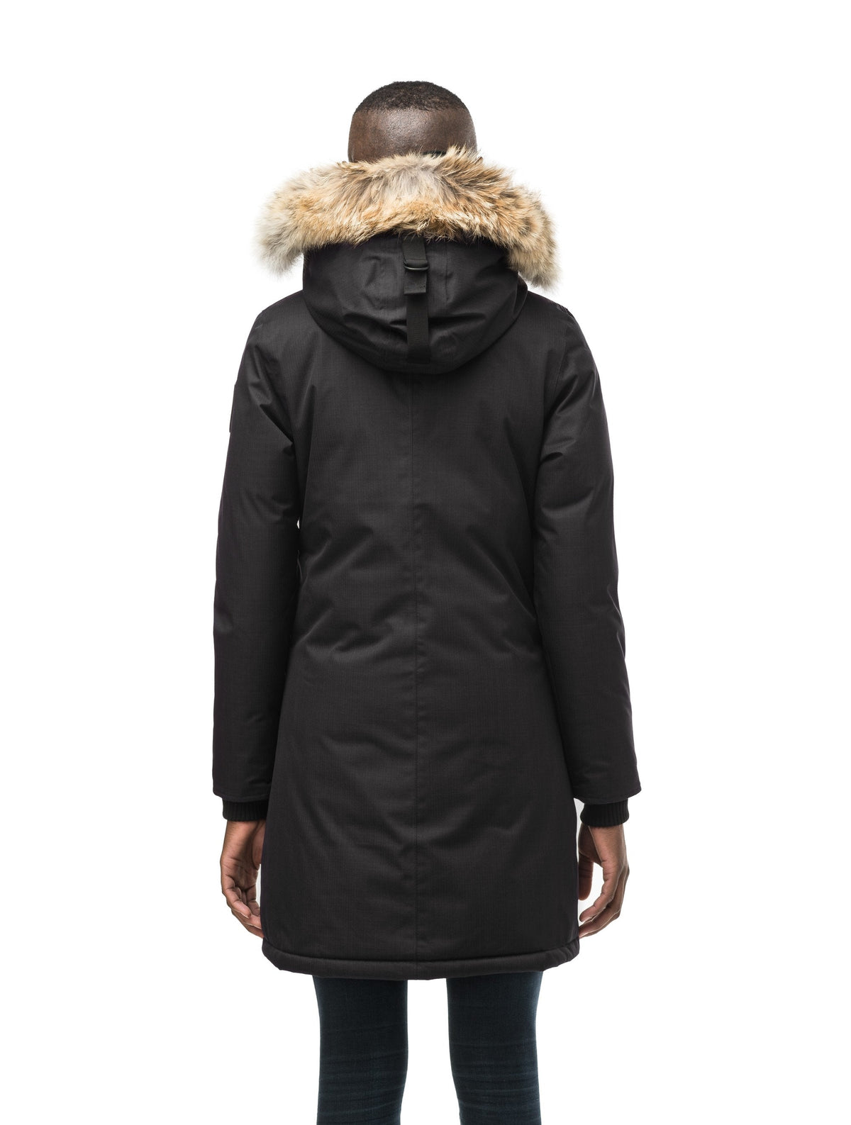 Best selling women's down filled knee length parka with removable down filled hood in Black