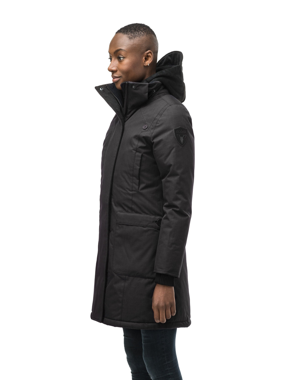 Best selling women's down filled knee length parka with removable down filled hood in Black