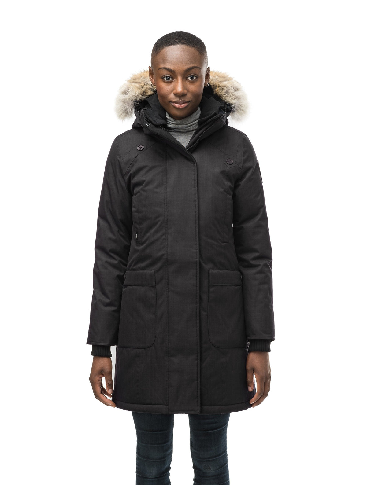 Merideth thigh length black parka, side view in Black