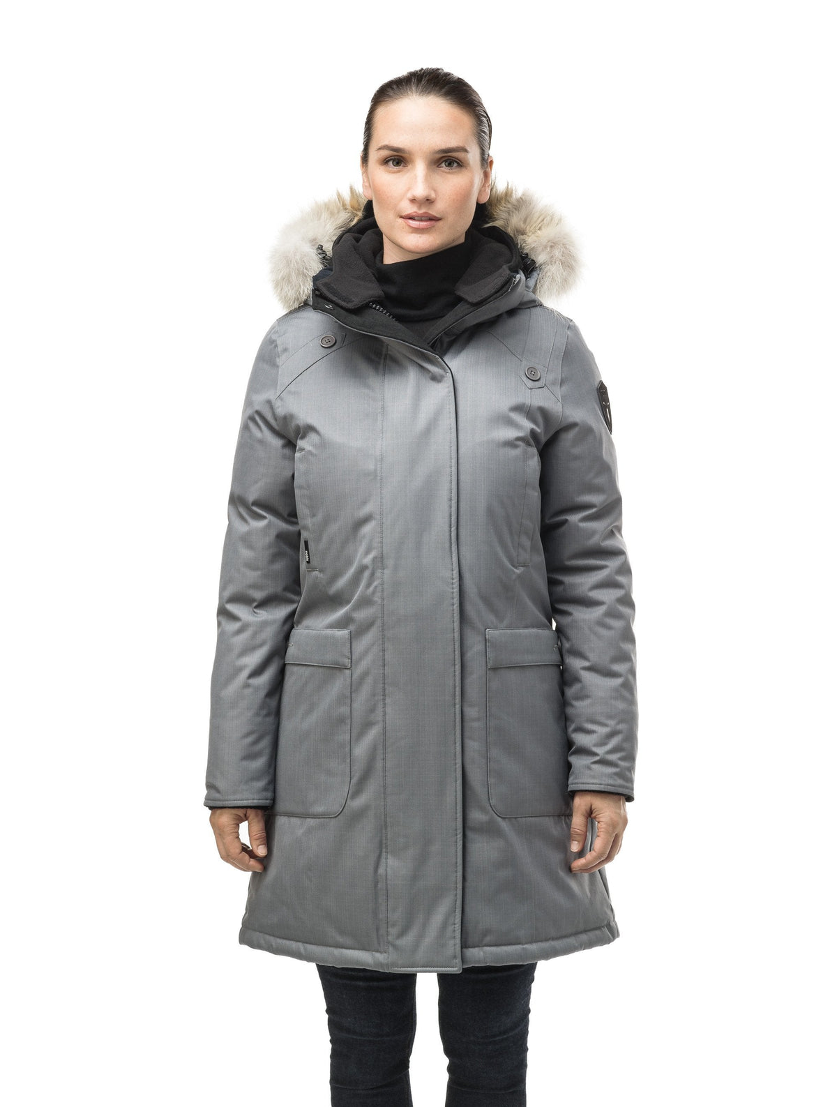Best selling women's down filled knee length parka with removable down filled hood in Concrete