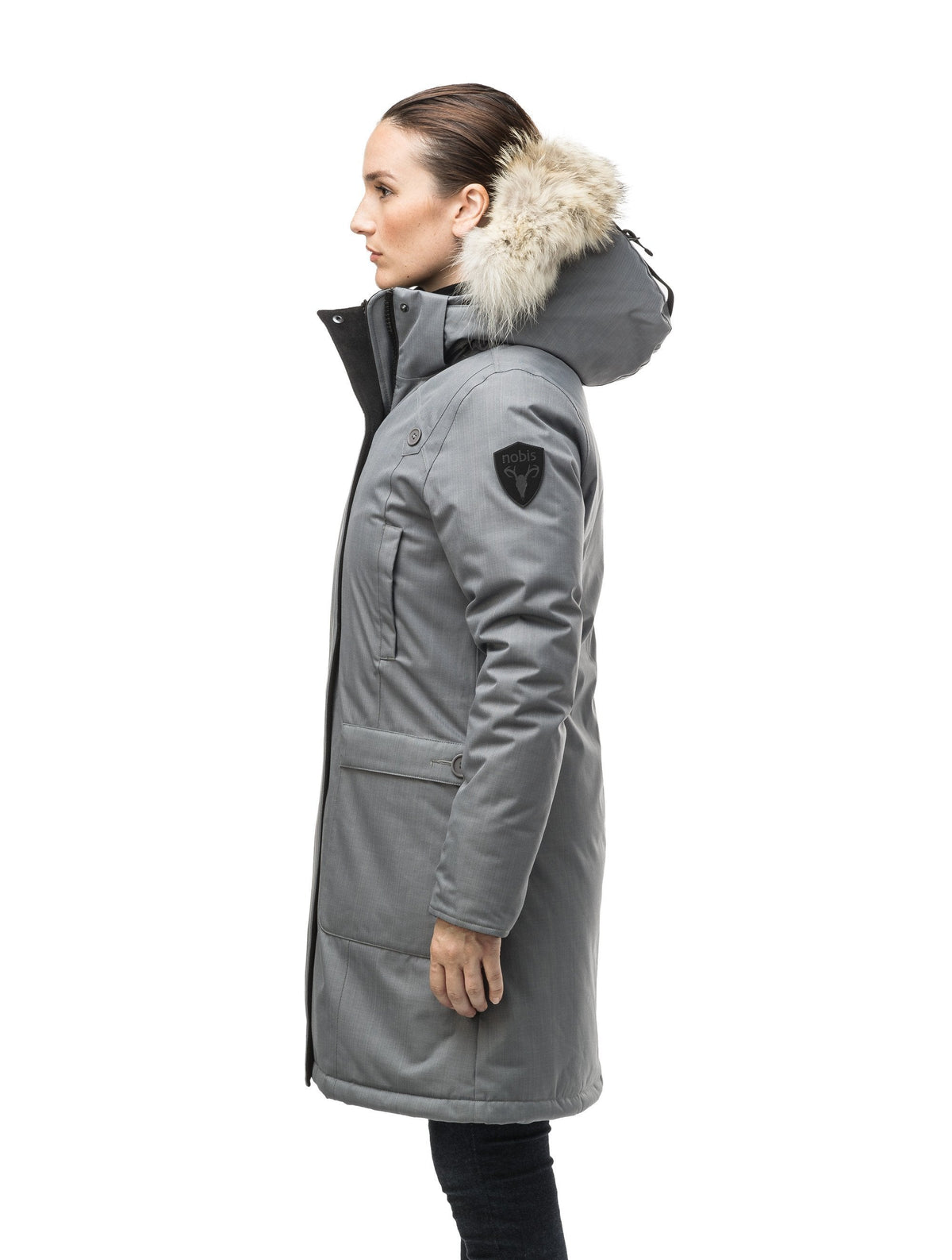 Best selling women's down filled knee length parka with removable down filled hood in Concrete