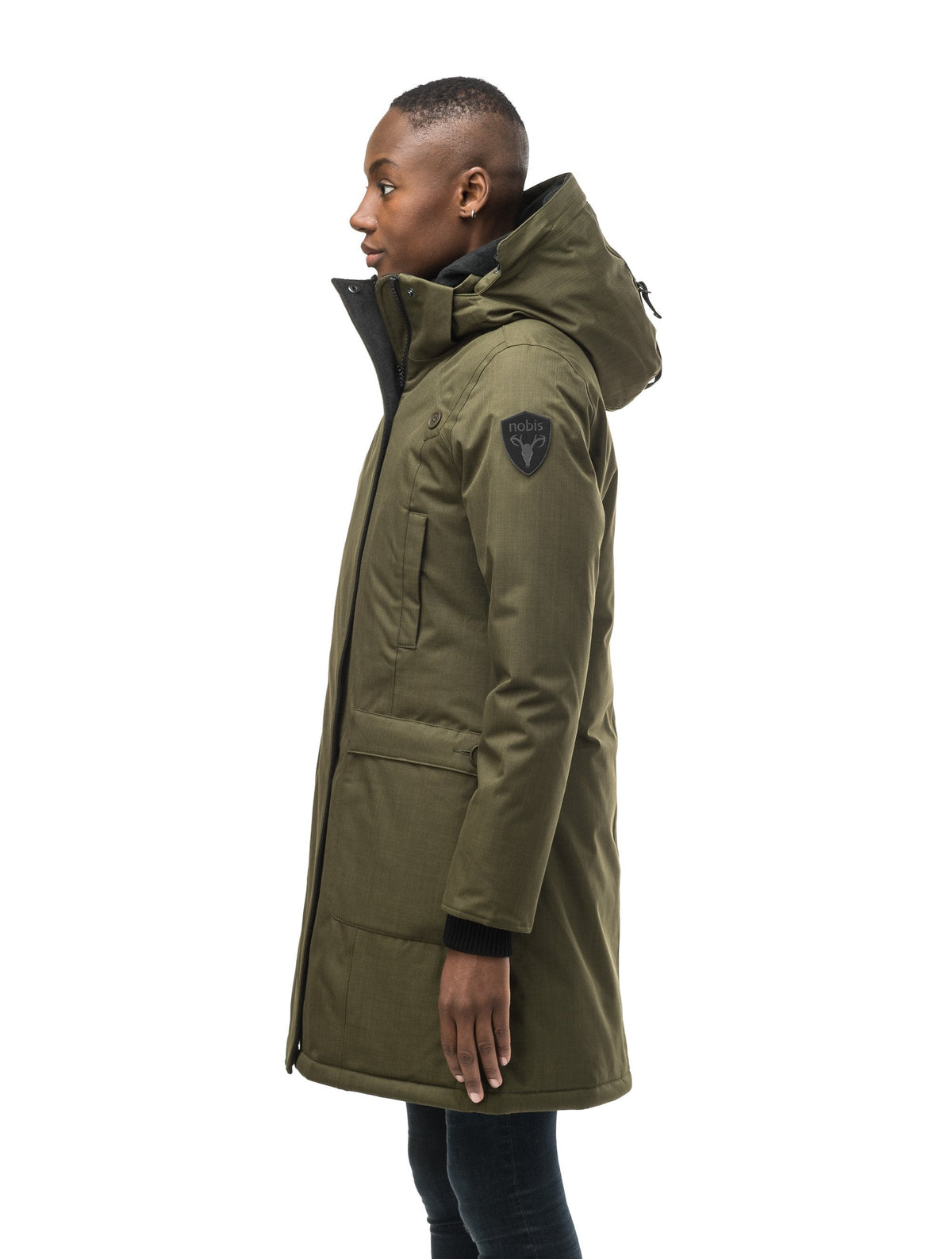 Best selling women's down filled knee length parka with removable down filled hood in Fatigue