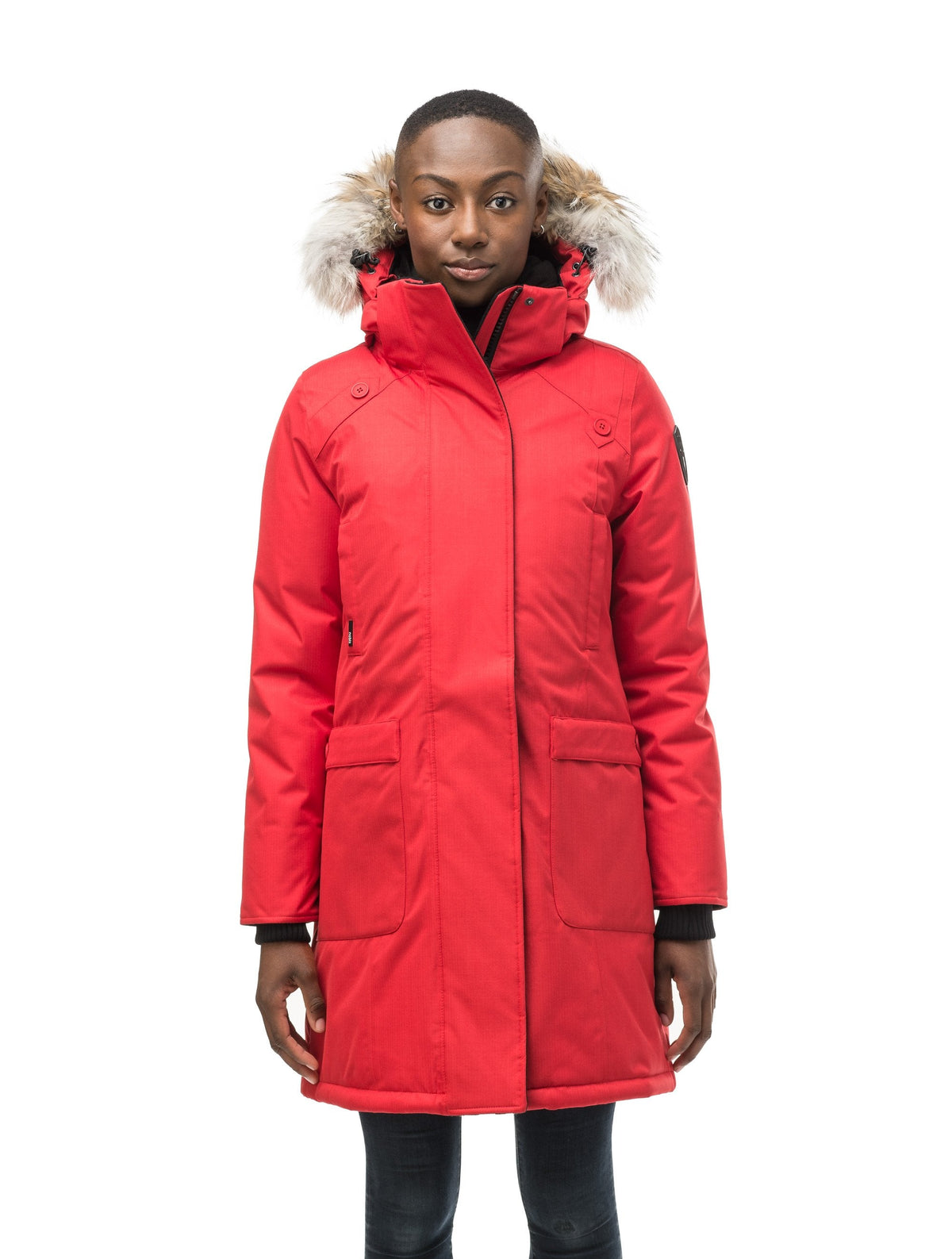 Best selling women's down filled knee length parka with removable down filled hood in Red