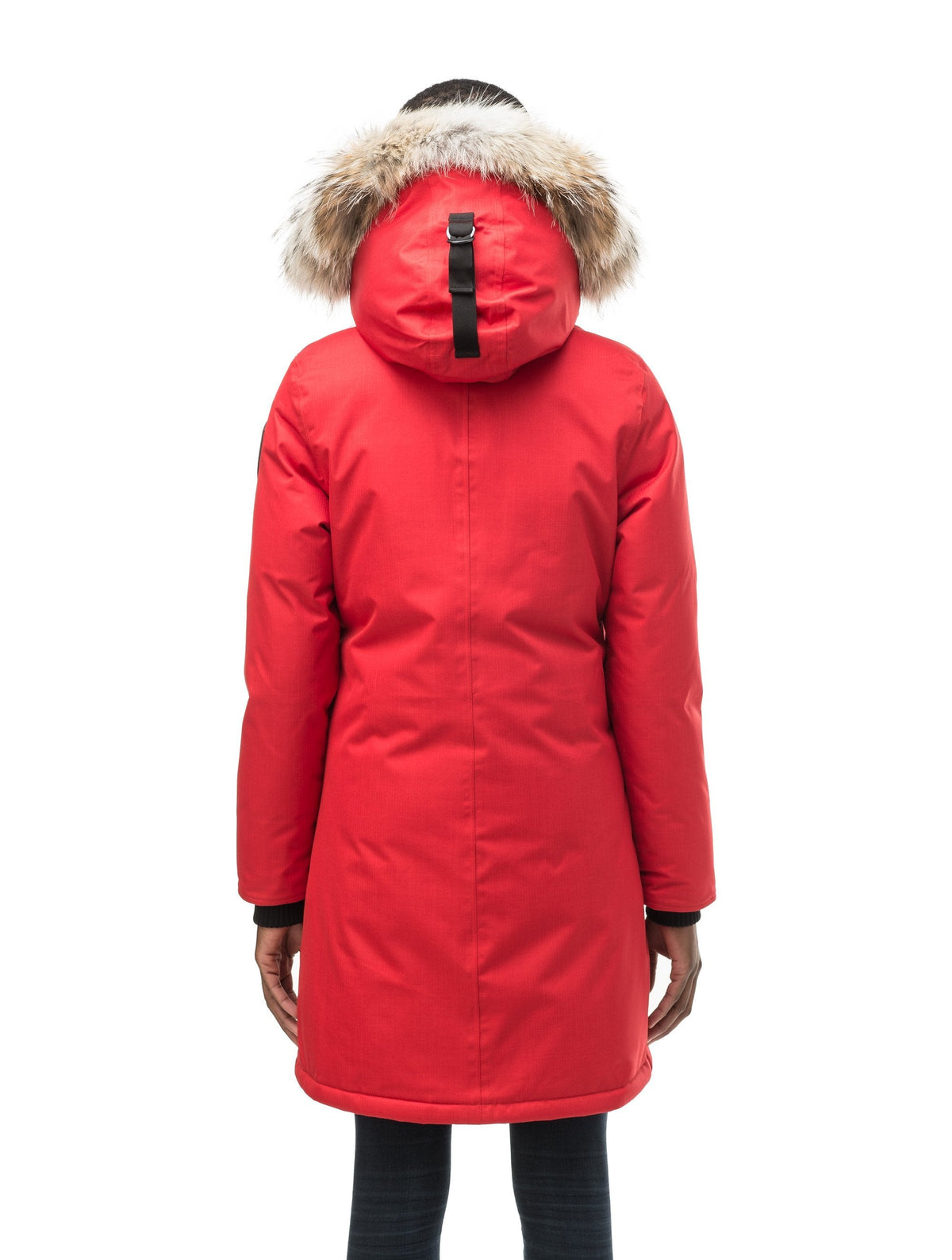 Best selling women's down filled knee length parka with removable down filled hood in Red
