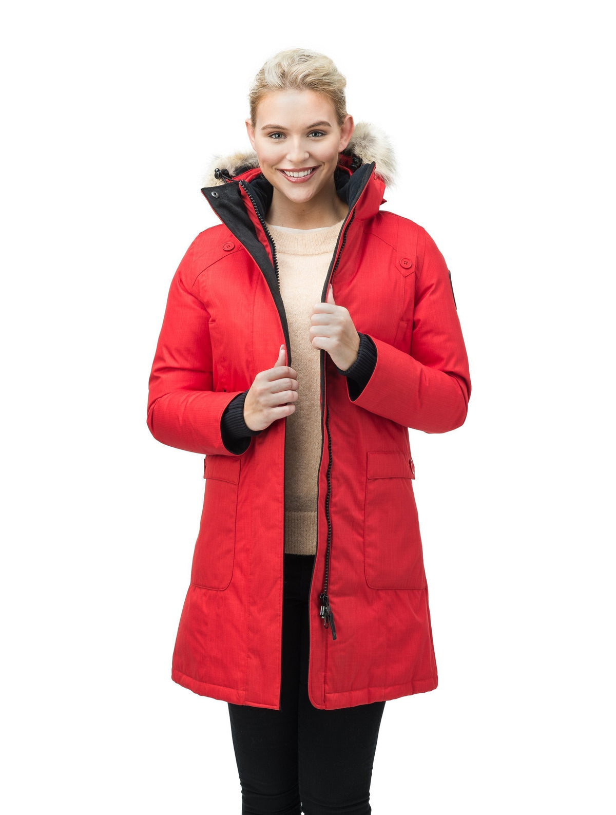 Best selling women's down filled knee length parka with removable down filled hood in Red
