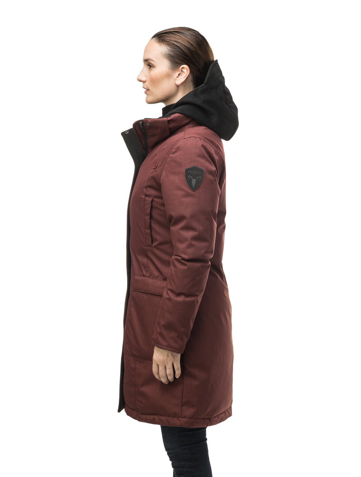 Best selling women's down filled knee length parka with removable down filled hood in Rum