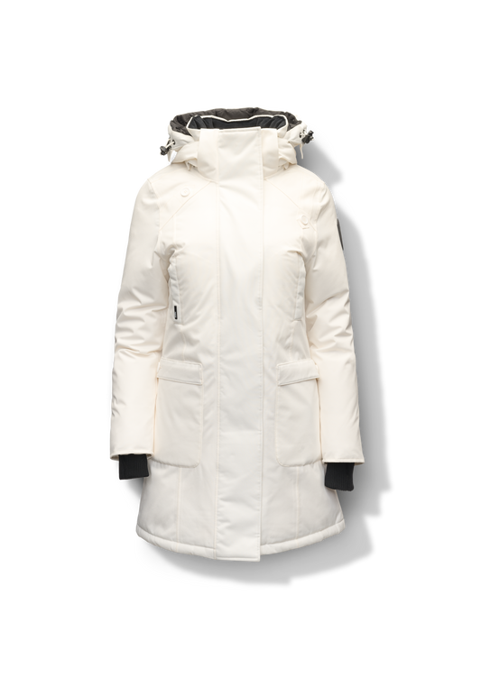 Best selling women's down filled knee length parka with removable down filled hood in Chalk + Chalk