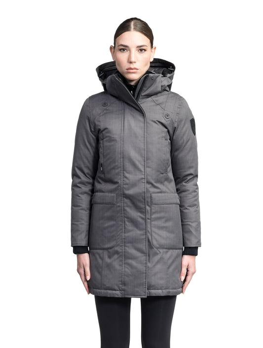 Merideth Furless Ladies Parka in thigh length, Canadian white duck down insulation, removable down-filled hood, centre-front two-way zipper with magnetic wind flap closure, four exterior pockets, and elastic ribbed cuffs, in Steel Grey + Steel Grey / XXS
