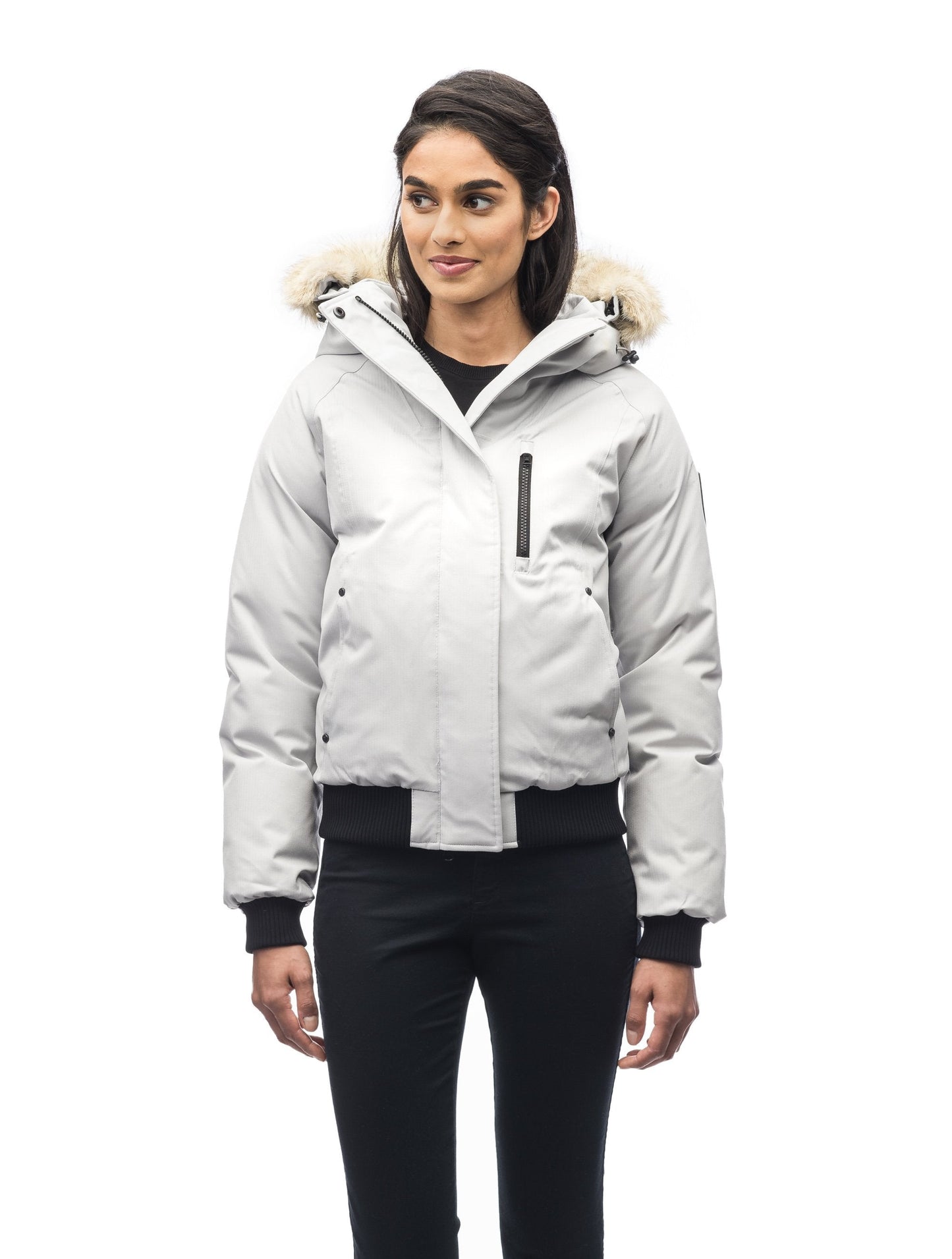 Women's down filled bomber jacket with fur trim hood in CH Black