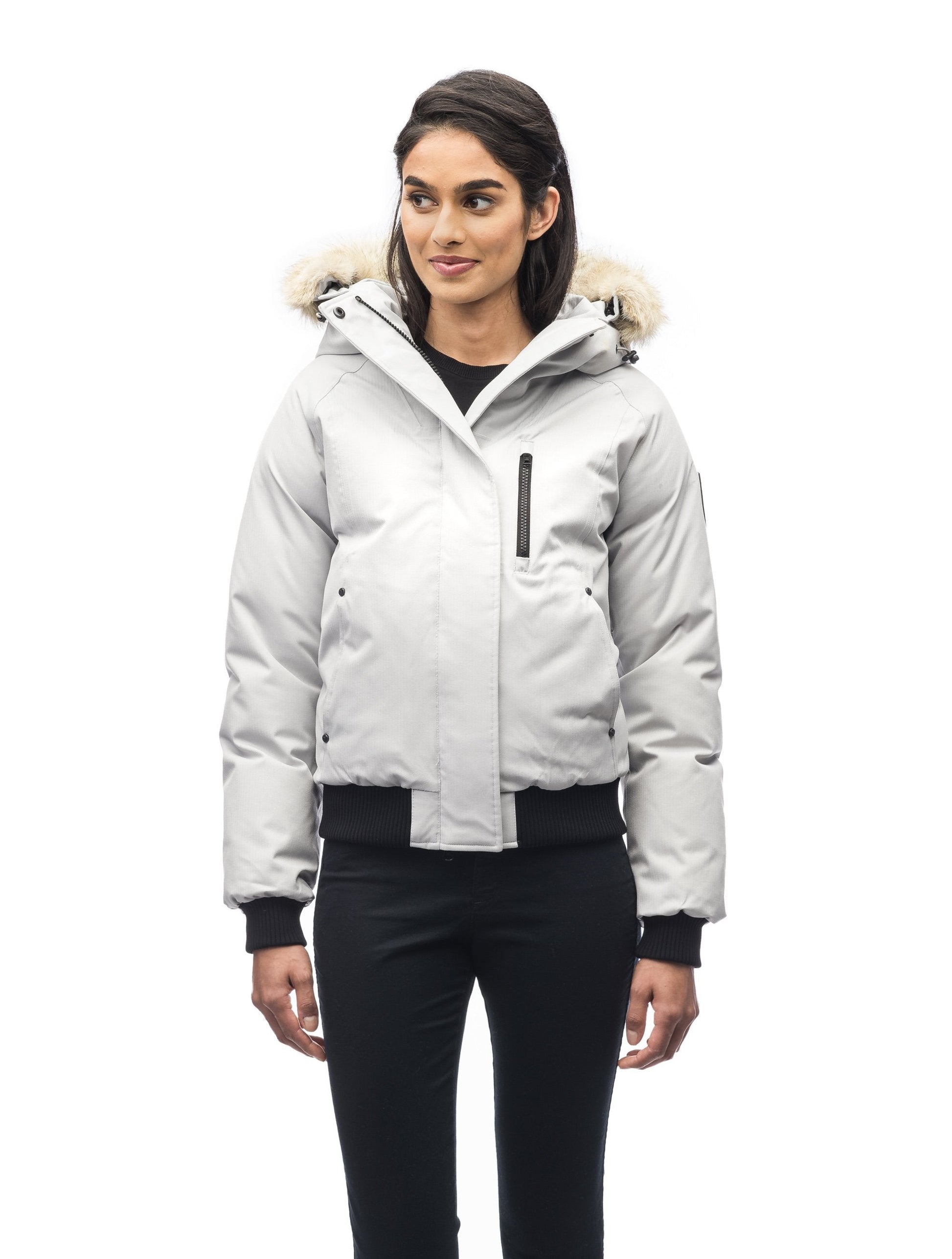 Women's down filled bomber jacket with fur trim hood in CH Black
