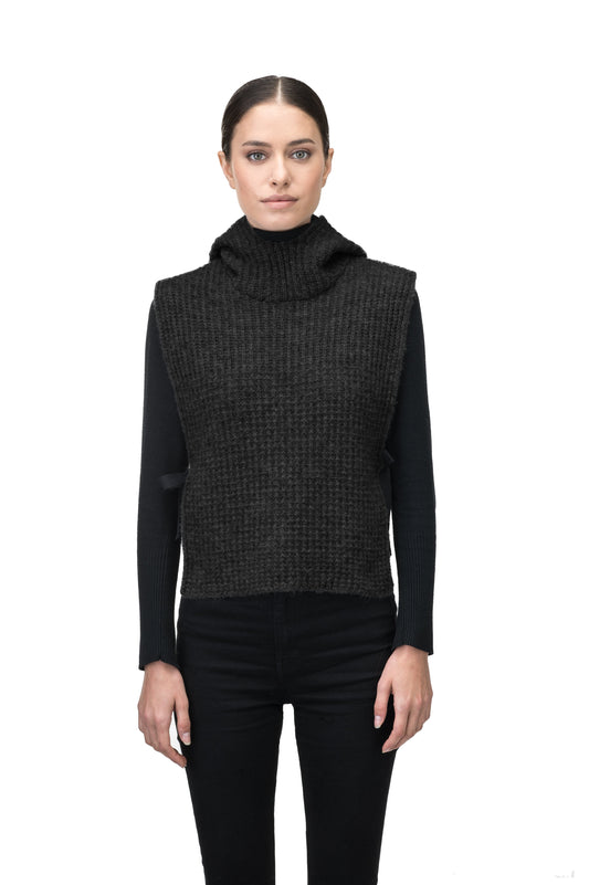 Nars Unisex Knit Hooded Dickie in in superfine alpaca and merino wool blend, waist length, fitted hood, sleeveless torso, and side webbing straps to adjust fit, in Grey Melange + Black