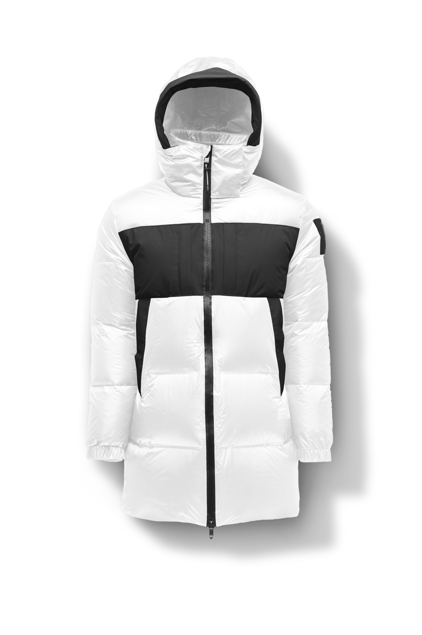 Neelix Men's Long Puffer Jacket in thigh length, premium cire technical nylon taffeta and stretch ripstop fabrication, Premium Canadian origin White Duck Down insulation, non-removable down-filled hood, two-way centre-front zipper, pit zipper vents, hidden chest zipper pockets, fleece-lined magnetic closure waist pockets, in Chalk