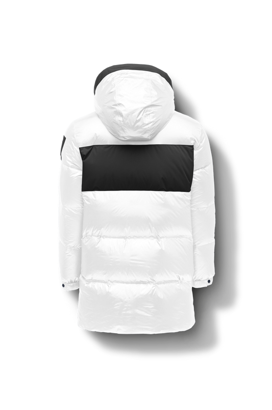 Neelix Men's Long Puffer Jacket in thigh length, premium cire technical nylon taffeta and stretch ripstop fabrication, Premium Canadian origin White Duck Down insulation, non-removable down-filled hood, two-way centre-front zipper, pit zipper vents, hidden chest zipper pockets, fleece-lined magnetic closure waist pockets, in Black + Black