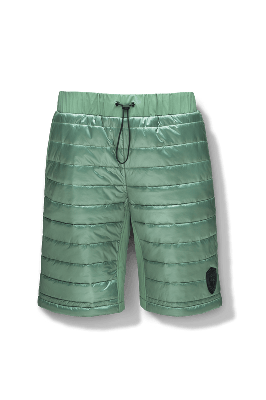 Decker Men's Performance Quilted Shorts in knee length, premium cire technical nylon taffeta and stretch nylon fabrication, premium 4-way stretch, water-resistant Primaloft Gold Insulation Active+, side seam pockets, invisible zipper back pokcet, elasticized waist with drawcords, and hidden drawcord at leg hems, in Comfrey + Comfrey
