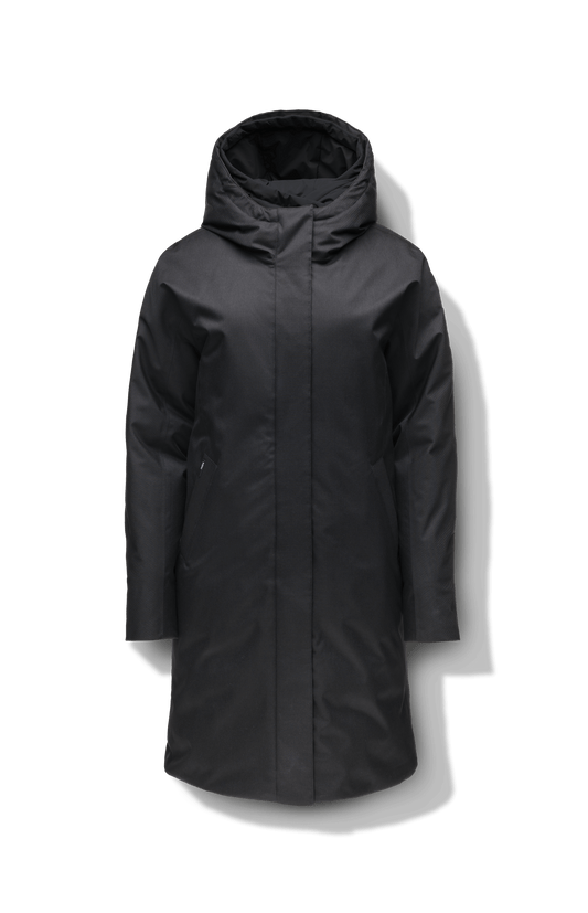 Dory Women's Tailored Back Zip Parka in knee length, premium Crosshatch fabrication, Premium Canadian White Duck Down insulation, non-removable down-filled hood, removable interior hood, centre front two-way zipper with wind flap, vertical zipper detailing along back, in Black + Black
