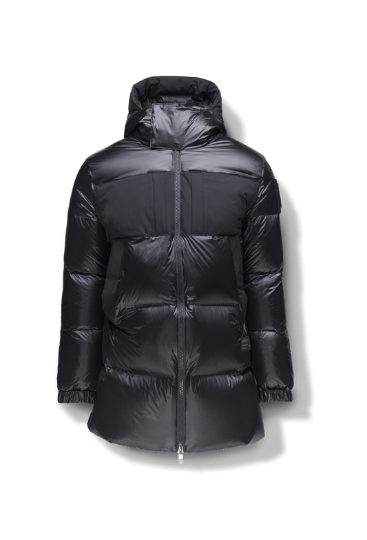 Neelix Men's Long Puffer Jacket in thigh length, premium cire technical nylon taffeta and stretch ripstop fabrication, Premium Canadian origin White Duck Down insulation, non-removable down-filled hood, two-way centre-front zipper, pit zipper vents, hidden chest zipper pockets, fleece-lined magnetic closure waist pockets, in Black + Black
