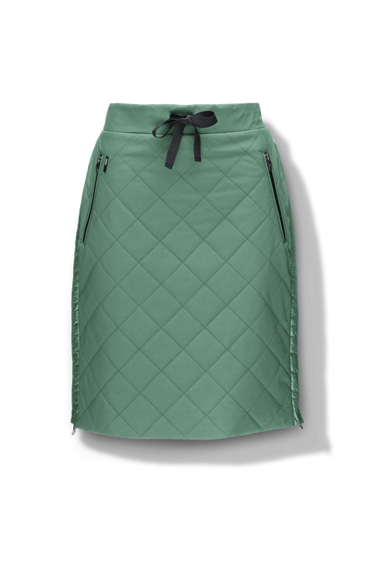 Phora Women's Tailored Skirt in knee length, premium stretch ripstop and contrast cire technical nylon taffeta fabrication, premium 4-way stretch, water resistant Primaloft Gold Insulation Active+, elasticated waistband with grosgrain ribbon drawstrings, two zipper pockets at waist, and zipper closure gusset at side seams, in Comfrey + Comfrey