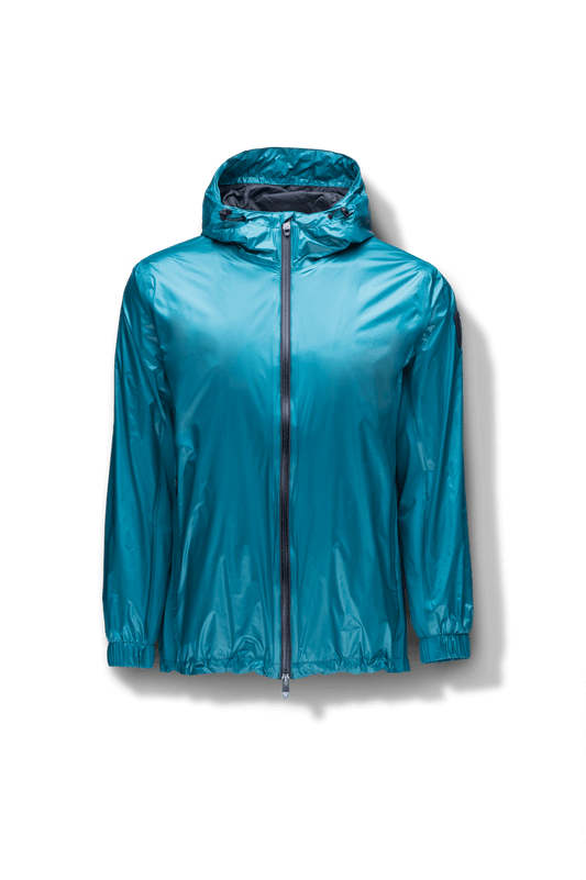Stratus Men's Tailored Packable Rain Jacket in hip length, premium cire technical nylon taffeta and stretch ripstop fabrication, highly breathable mesh lining, hidden packable pocket, non-removable hood with adjustable draw cord, reflective piping along front and back, underarm grommets for extra breathability, back yoke with mesh ventilation, two waist zipper pockets, two interior zipper pockets, elastic cuffs with adjustable snap button, and adjustable interior draw cord at waist hem, in Deep Lake + Deep Lake