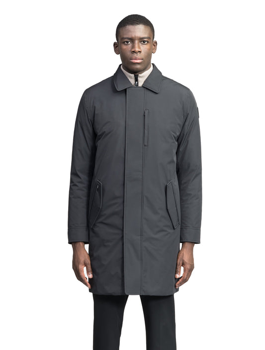 Nord Men's Tailored Trench Coat in knee length, 3-Ply Micro Denier and 4-Way Durable Stretch Weave fabrication, Premium Canadian White Duck Down insulation, removable down-filled hood, exterior zipper pocket at left chest, and adjustable snap button cuffs, in Black + Black / XS